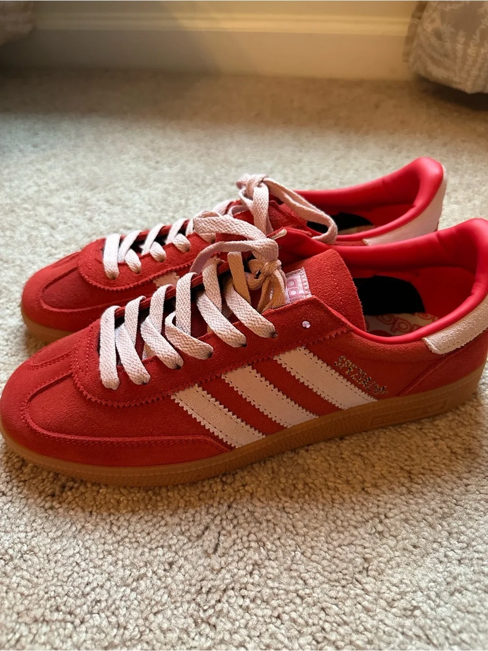 adidas men’s Red Suede Retro Spezial with Pink Stripes and Gum Sole unisex